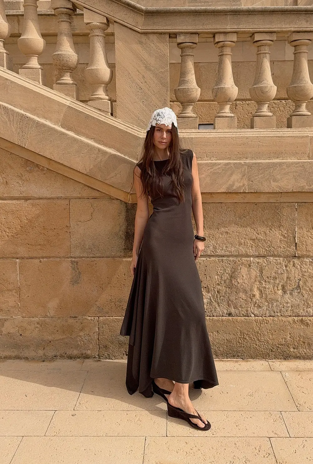 Knitted Asymmetric Hem Midi Dress Brown