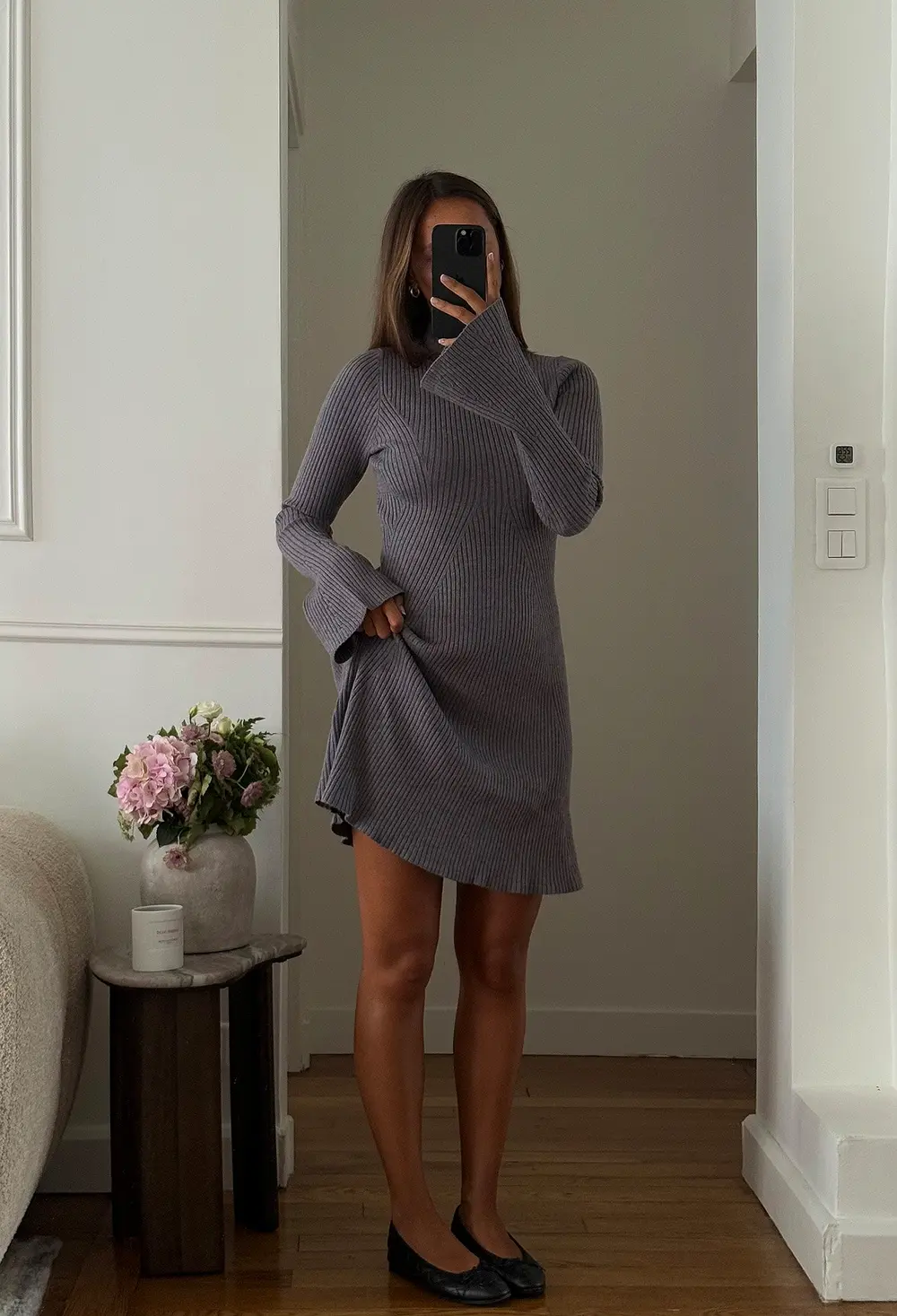 Knitted High Neck Flowy Mini Dress Grey