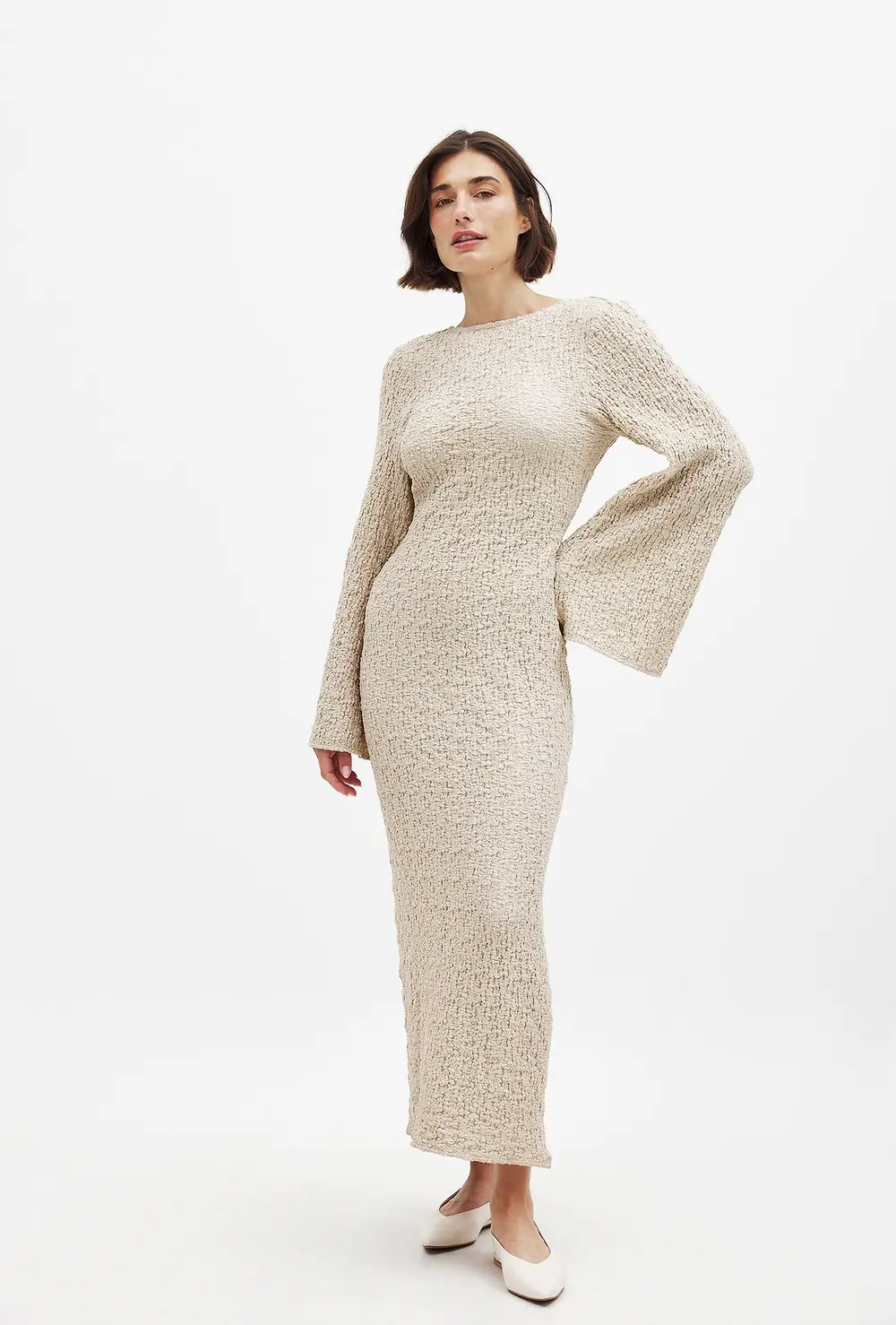 Structured Open Back Midi Dress Beige