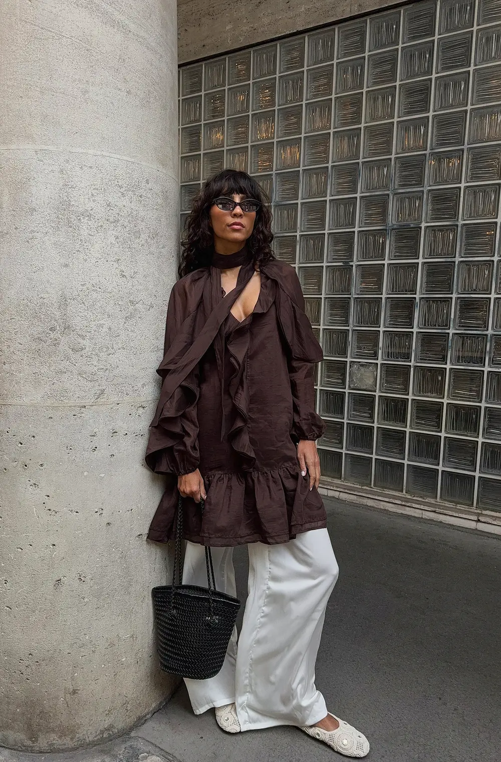 Long Sleeve Ruffle Mini Dress Brown