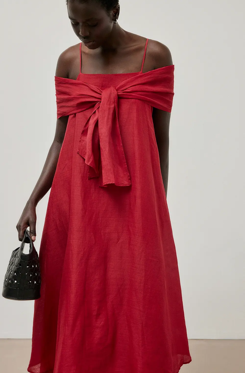Ramie Scarf Detail Midi Dress Red