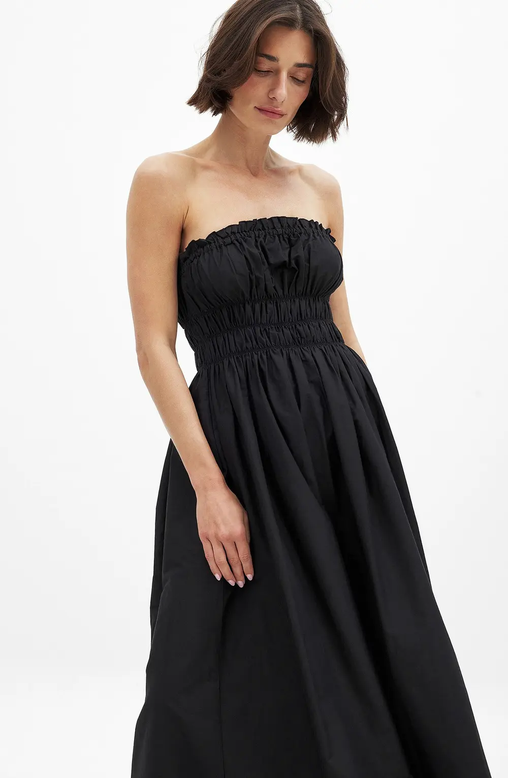 Cotton Bandeau Ruched Midi Dress Black