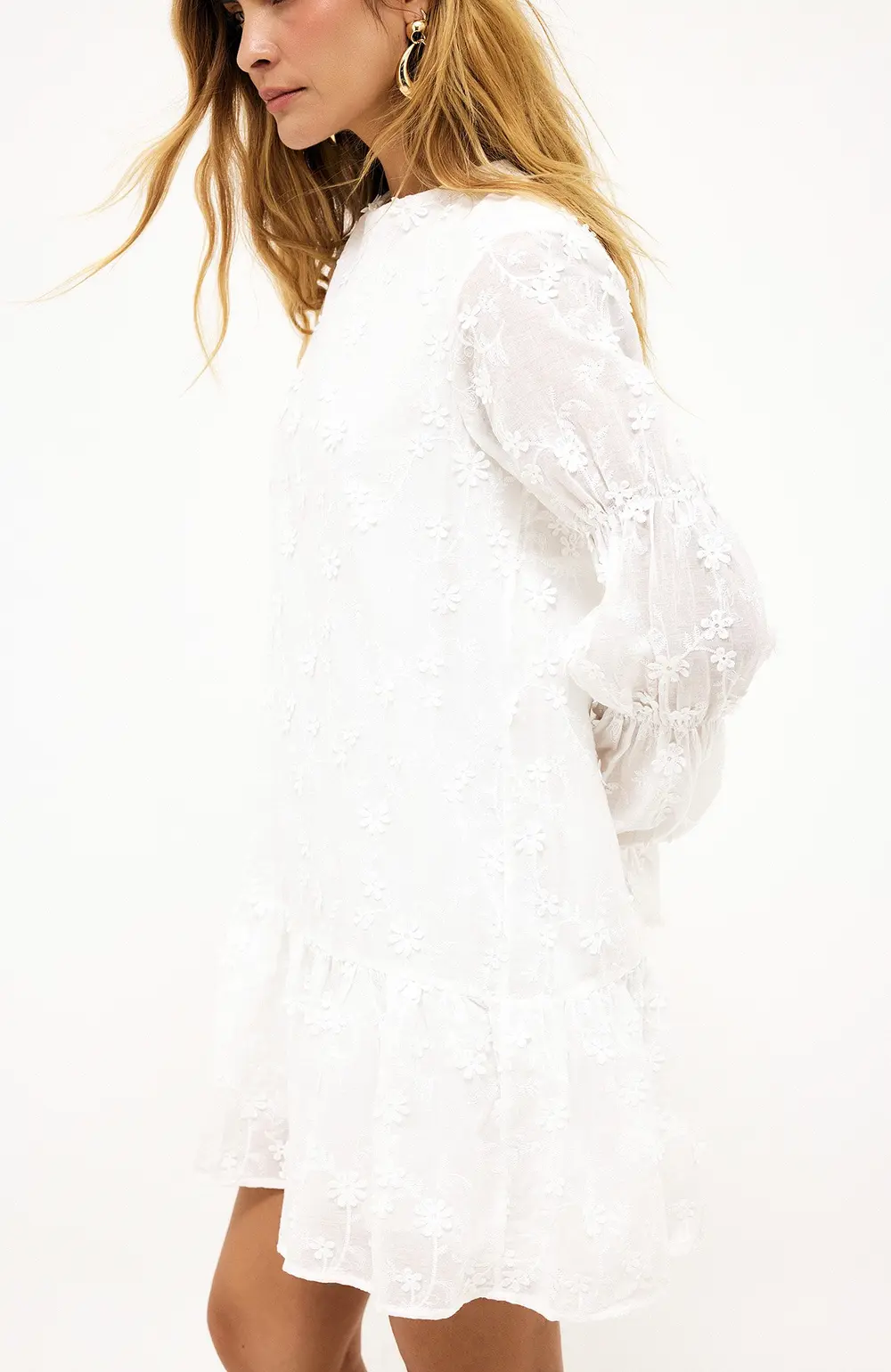 Sleeve Detail Deep Back Dress White