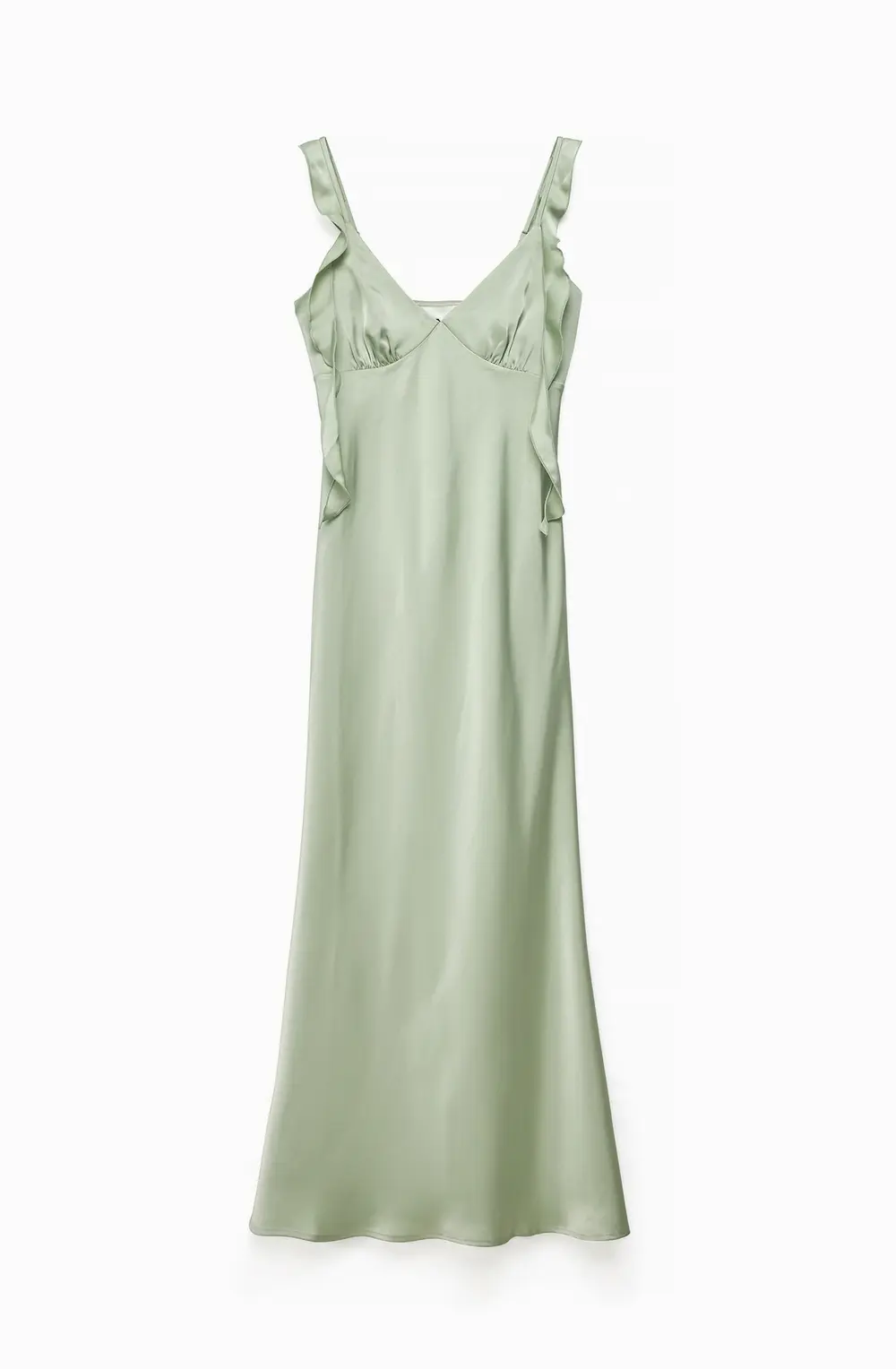 Satin Ruffle Shoulder Maxi Dress Green