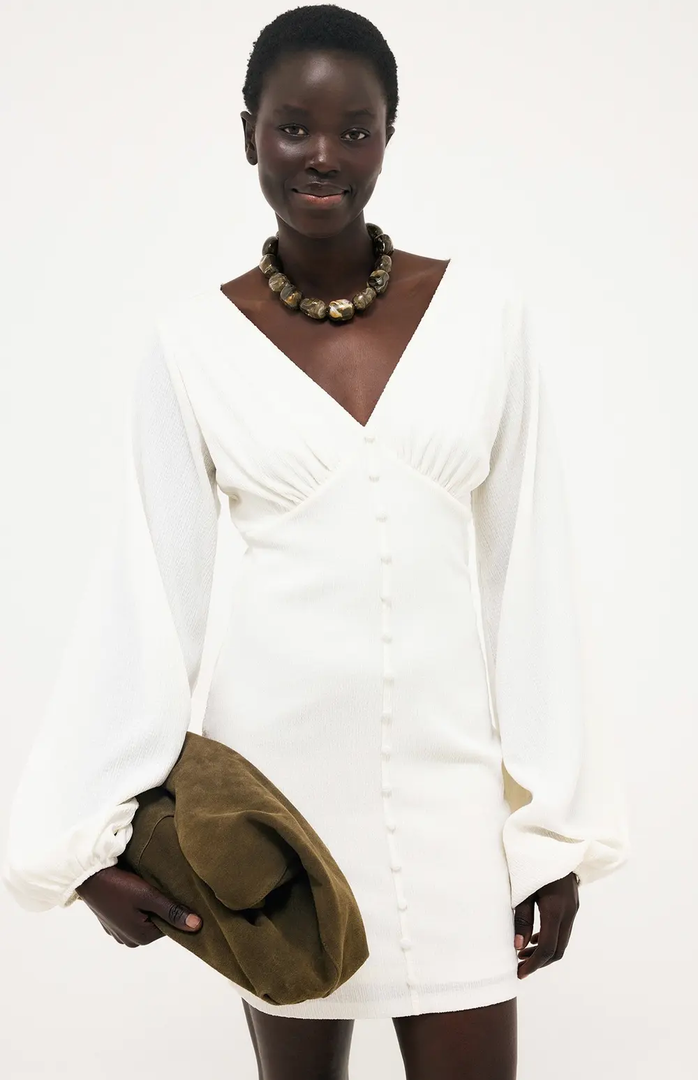 Front Button Balloon Sleeve Mini Dress Offwhite