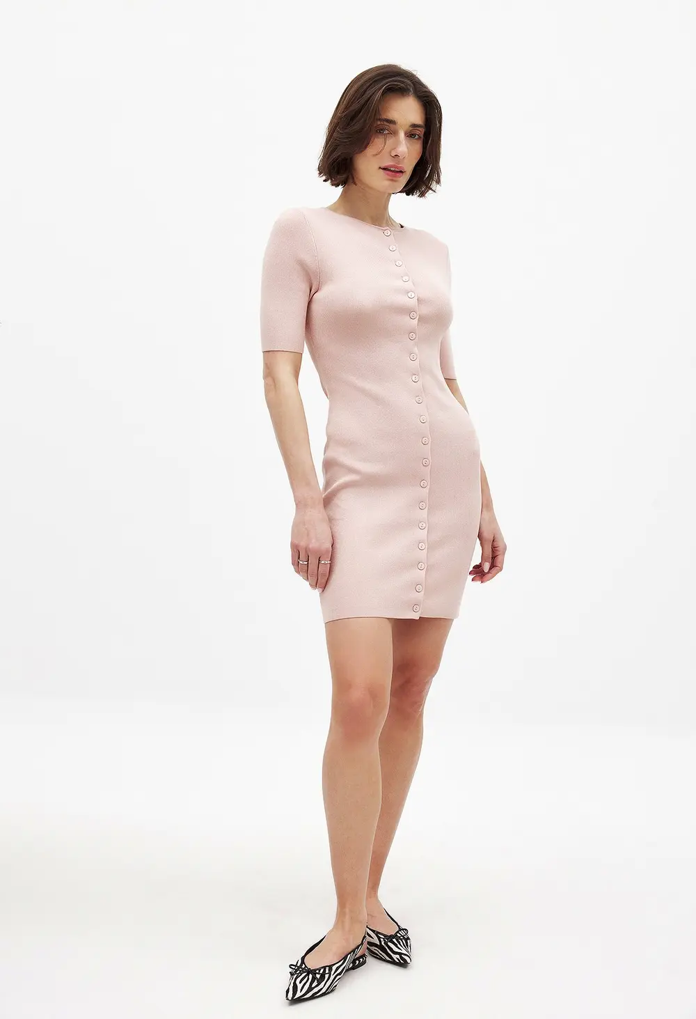 Knitted Button Mini Dress Pink