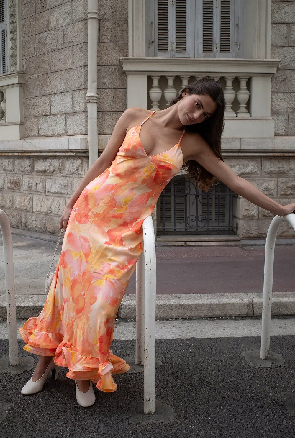 Satin Flounce Hem Maxi Dress Orange