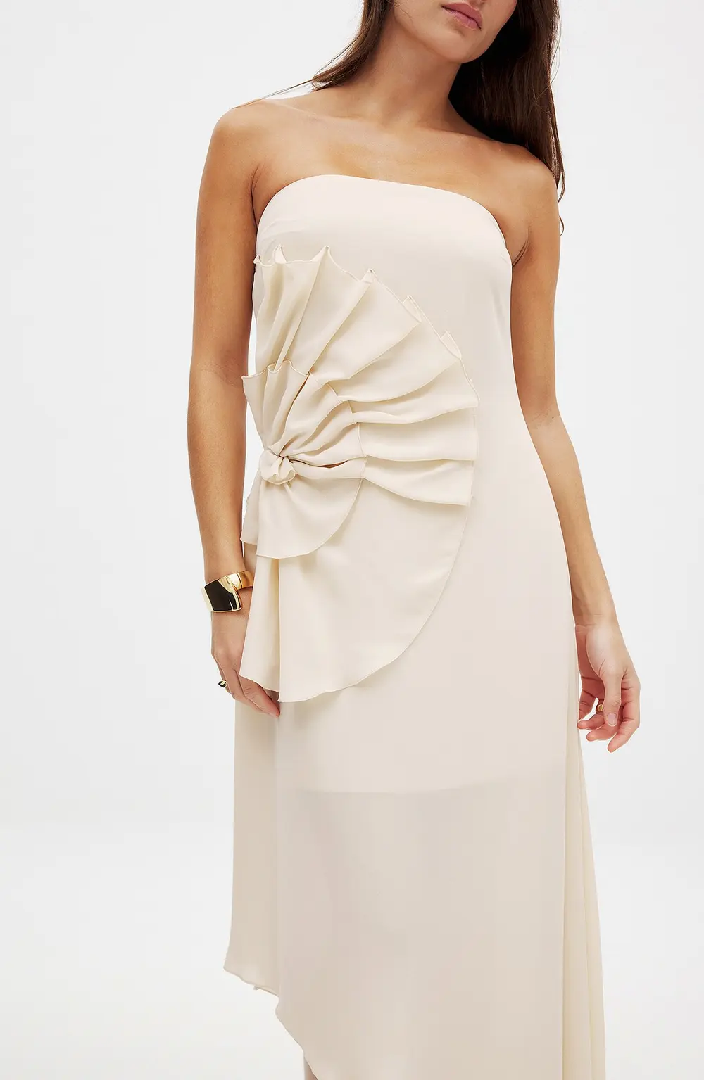 Flower Detail Chiffon Midi Dress Beige