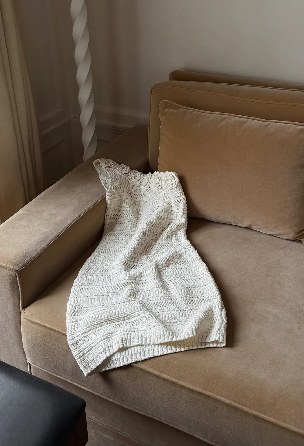 Knitted One Shoulder Crochet Mini Dress Offwhite
