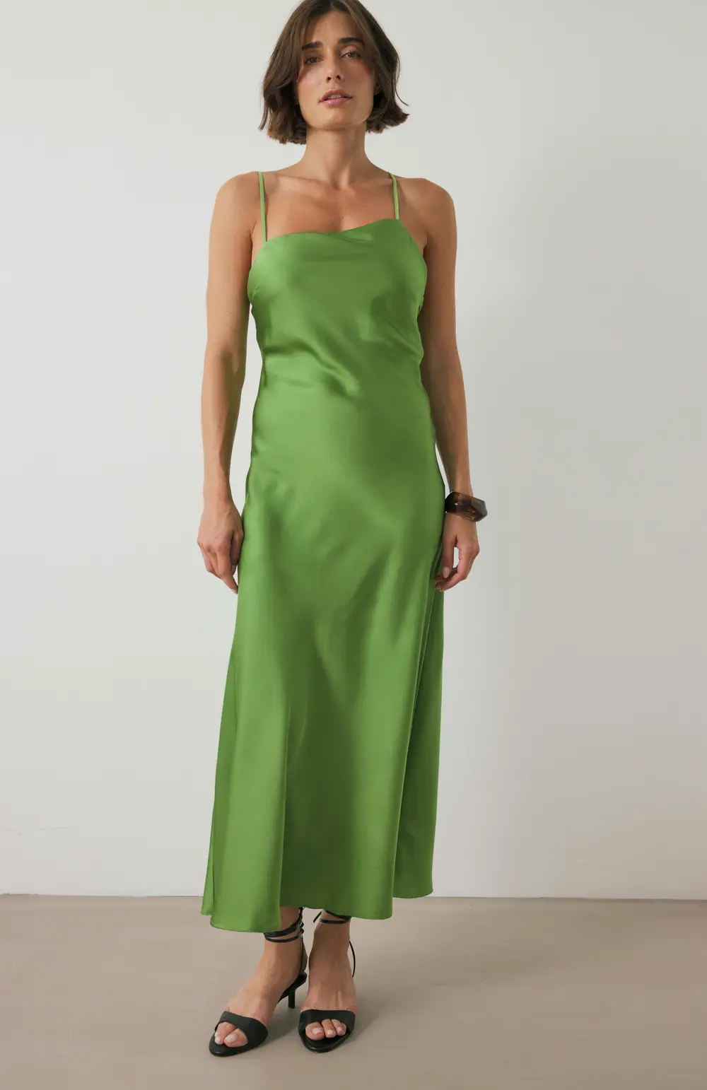 Satin Asymmetric Back Midi Dress Green