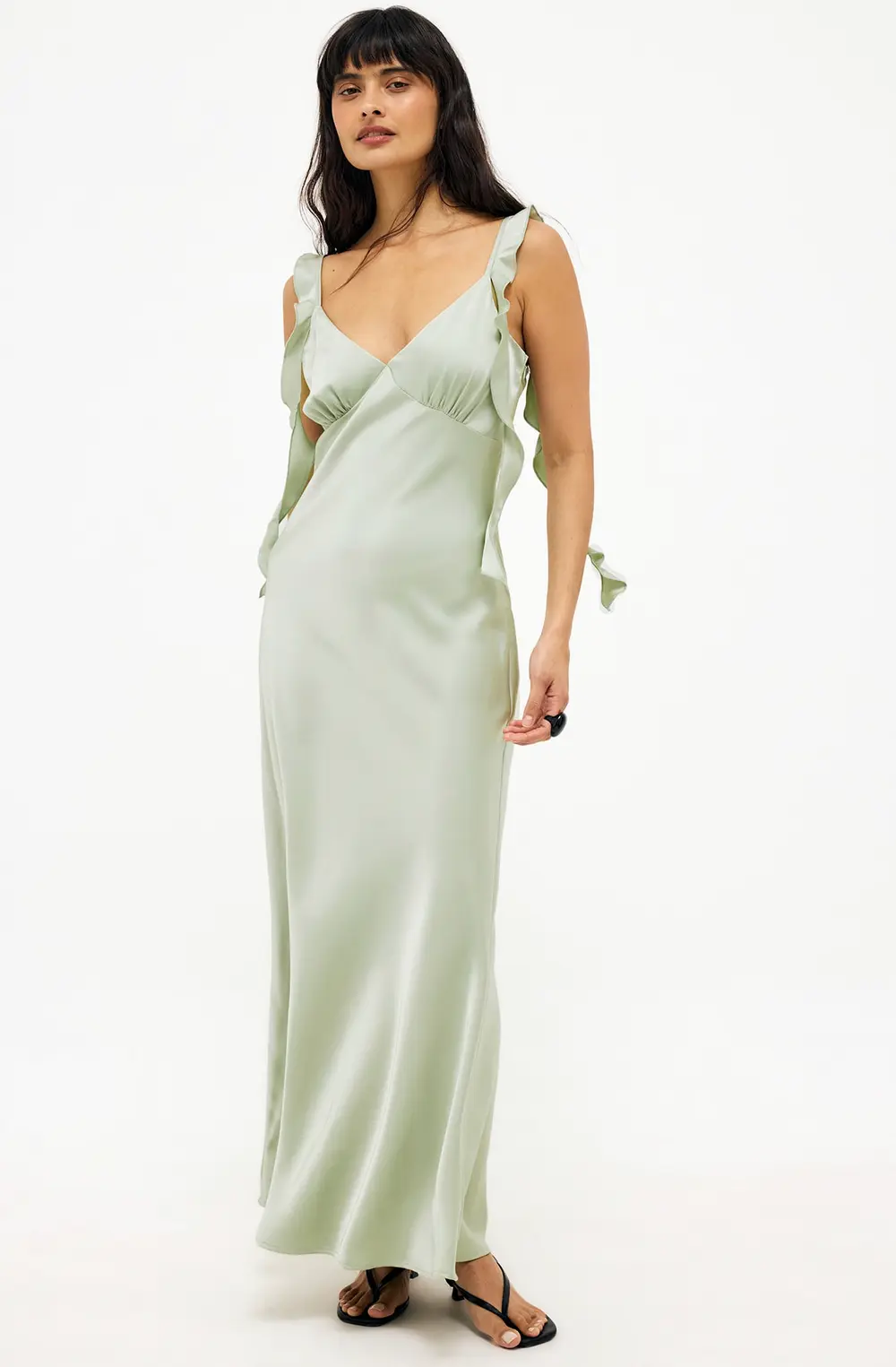 Satin Ruffle Shoulder Maxi Dress Green