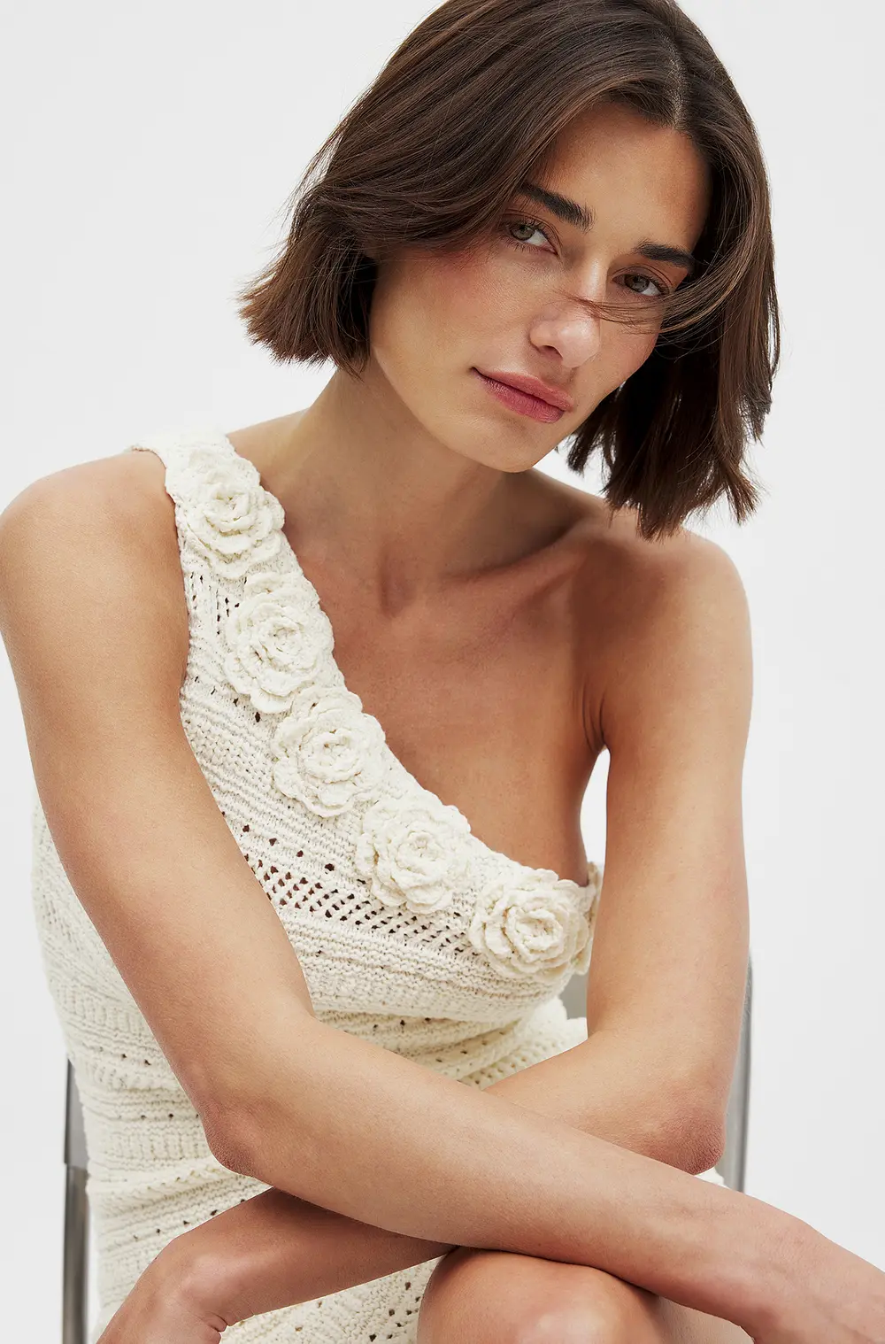 Knitted One Shoulder Crochet Mini Dress Offwhite