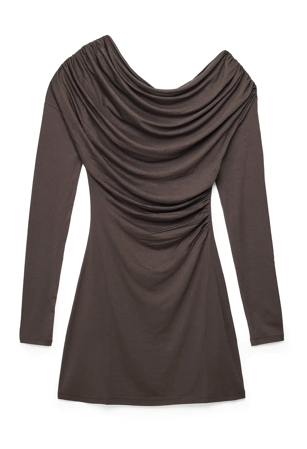 Draped Long Sleeve Mini Dress Brown