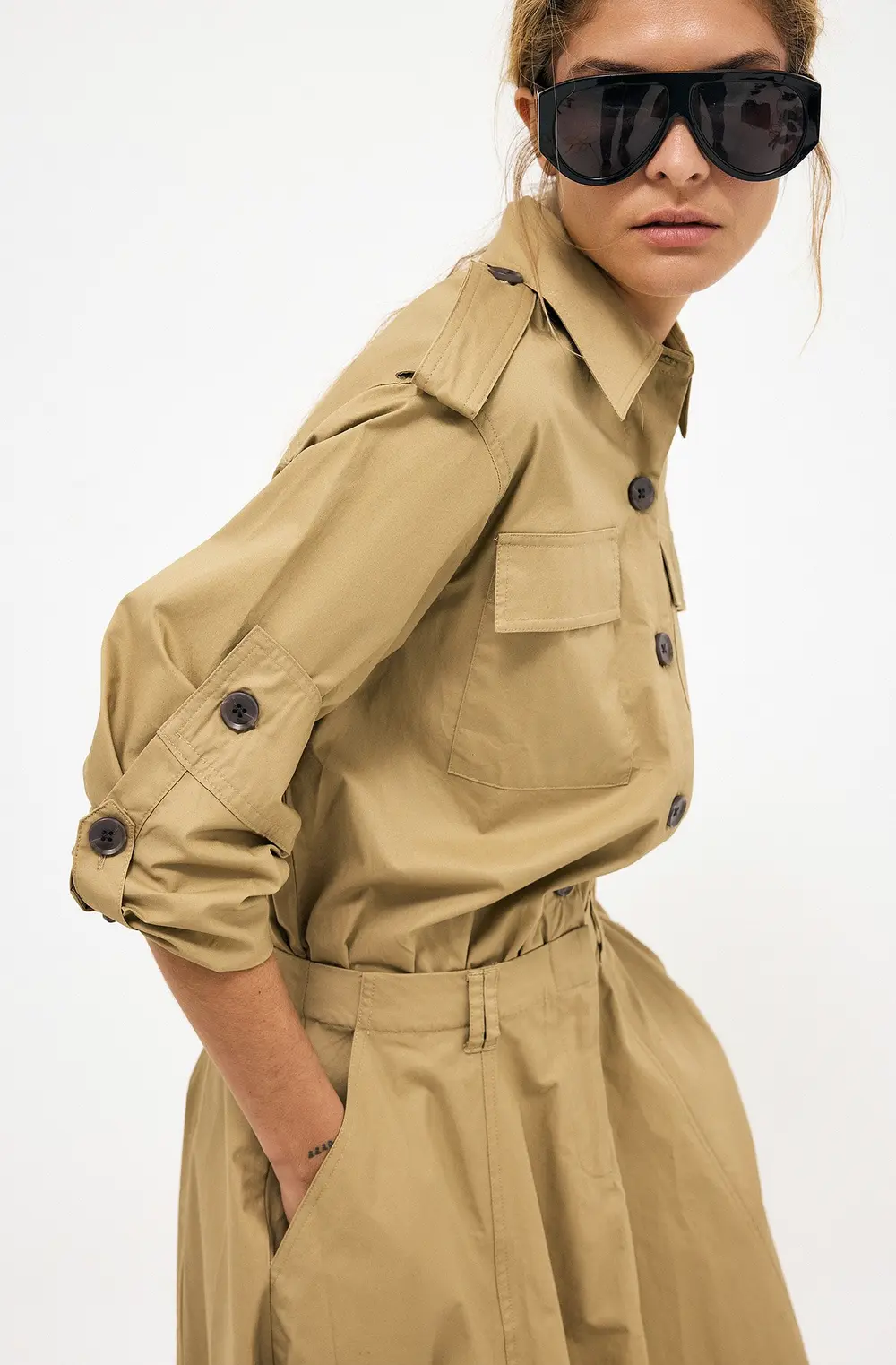 Heavy Cotton Midi Cargo Shirt Dress Beige