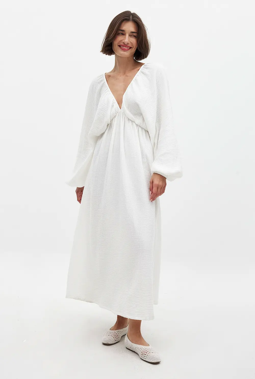 Soft Cotton V Neck Midi Dress Offwhite