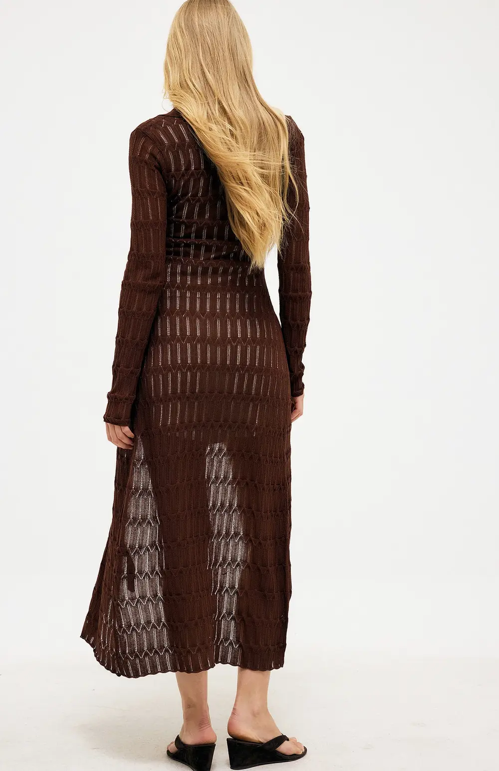 Knitted Pointelle Cardigan Maxi Dress Brown