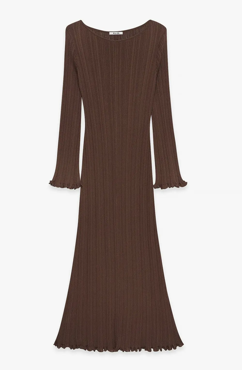 Knitted Round Neck Frill Maxi Dress Brown