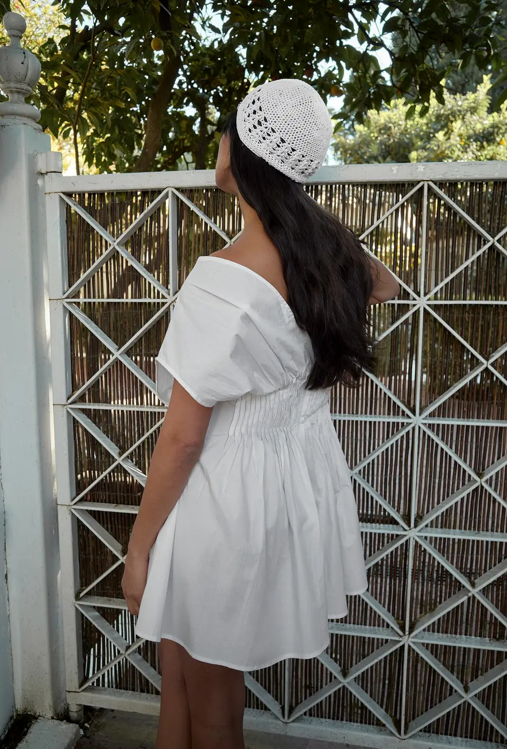 Cotton Short Sleeve Pleated Mini Dress White