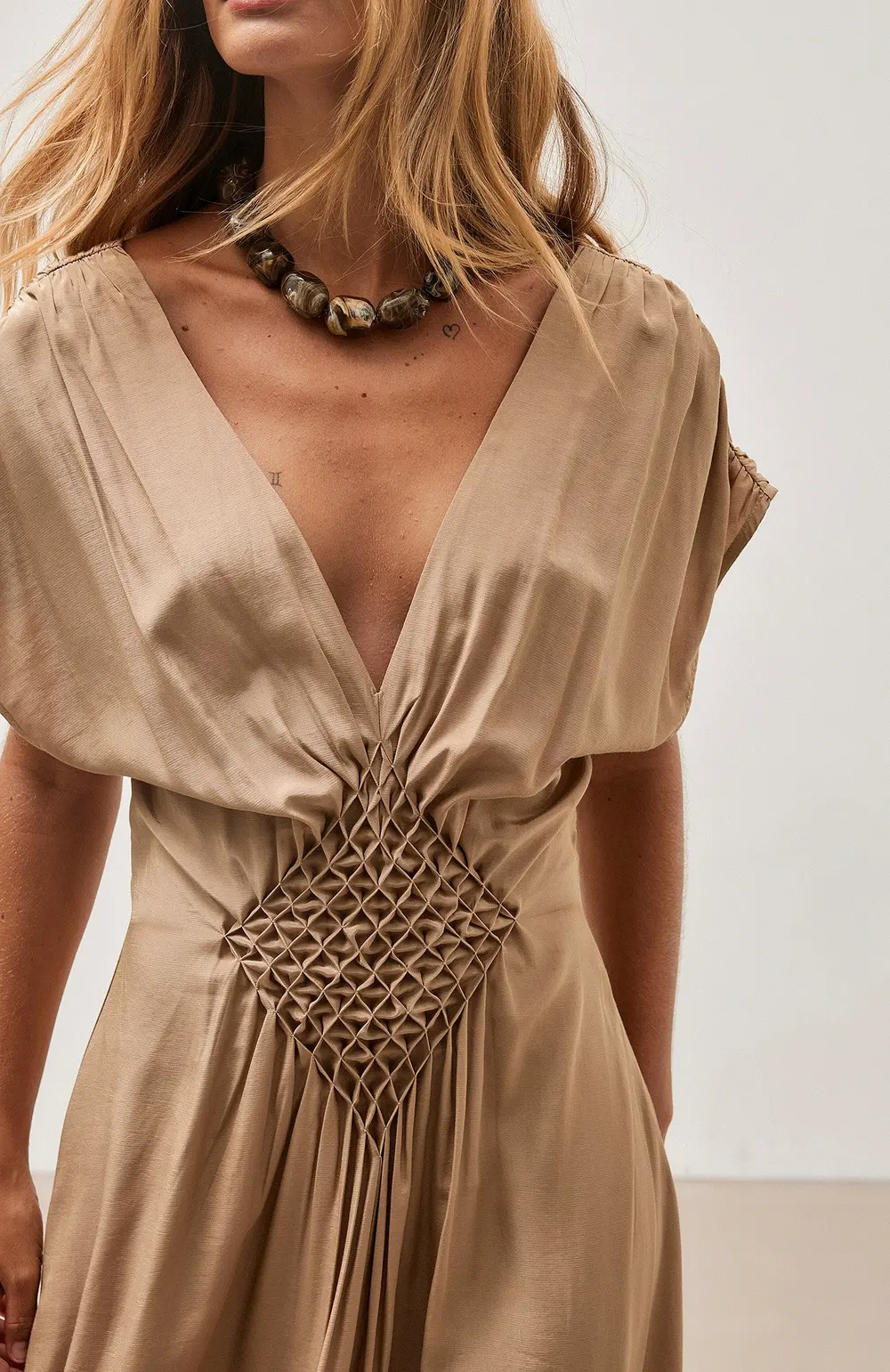 Smocked Waist Short Sleeve Maxi Dress Beige