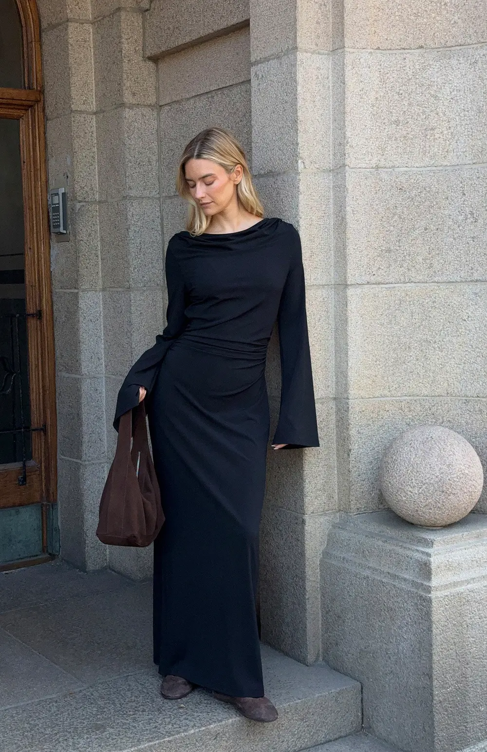 Wide Sleeve Open Back Maxi Dress Black