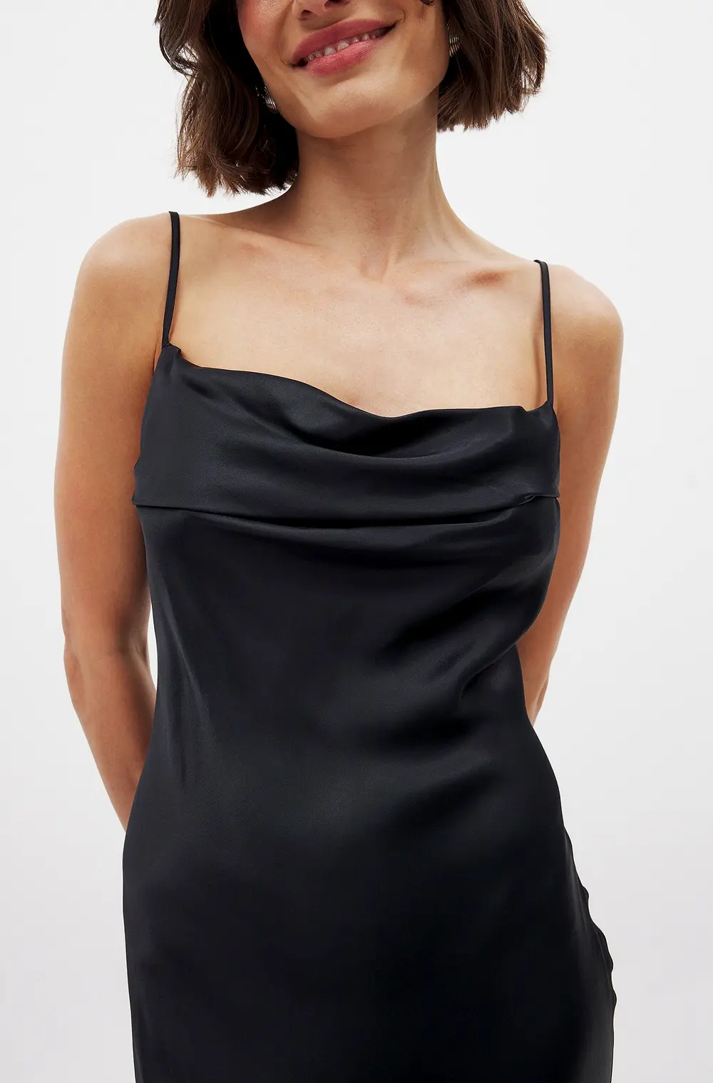 Satin Fold Detail Midi Slip Dress Black