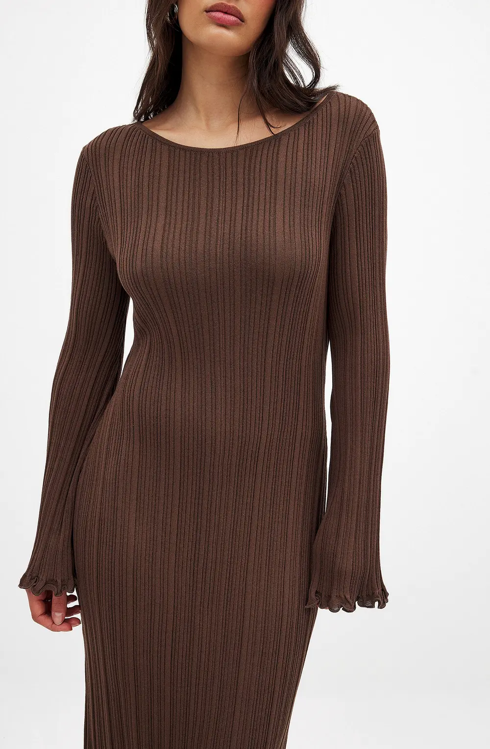 Knitted Round Neck Frill Maxi Dress Brown