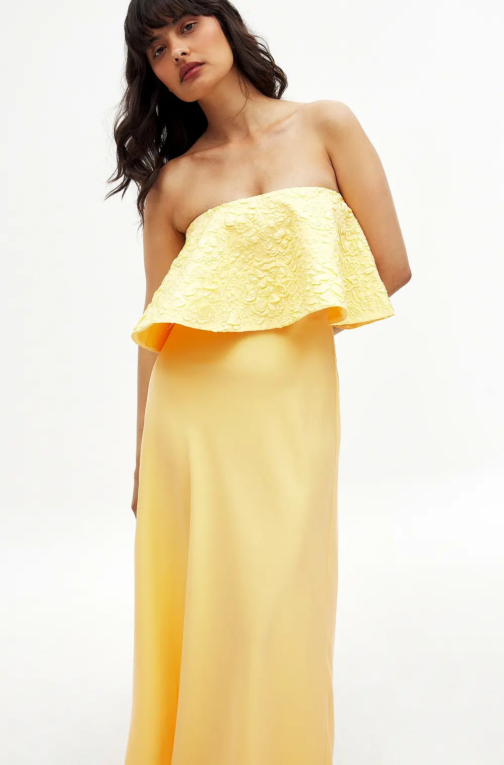 Jacquard Bandeau Volume Maxi Dress Yellow