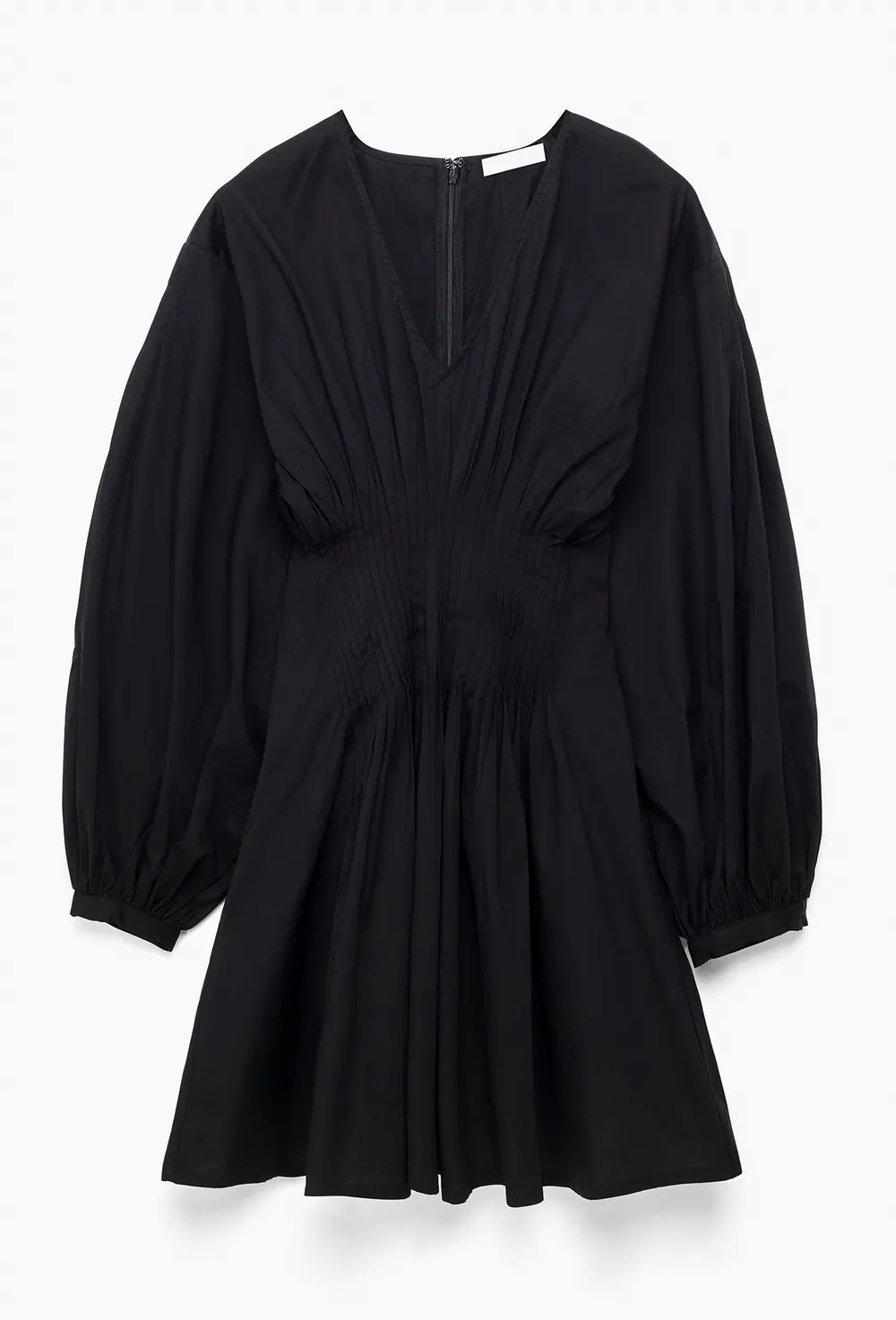 Cotton Long Sleeve Pintuck Mini Dress Black