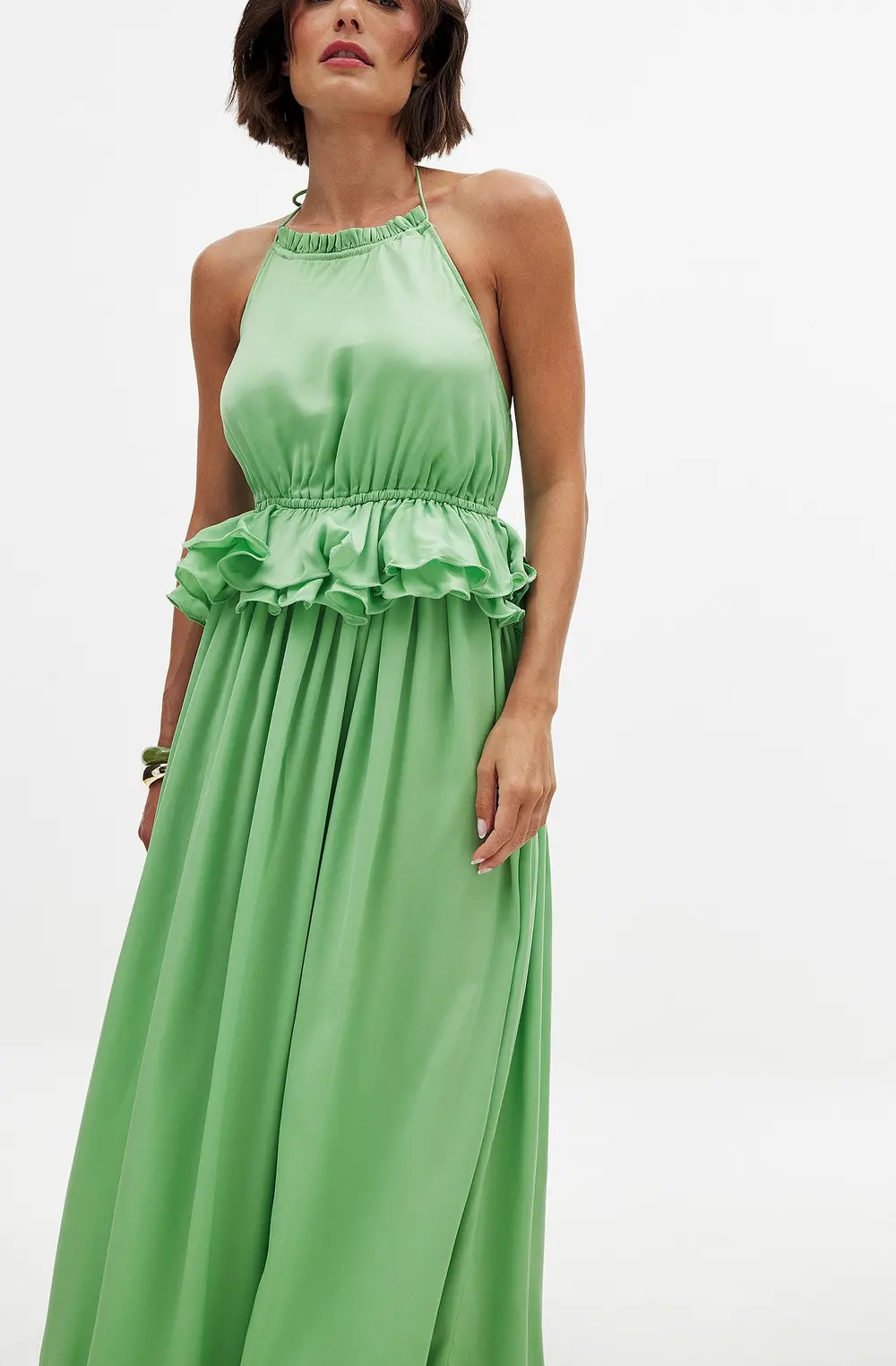 Flounce Waist Halterneck Maxi Dress Green