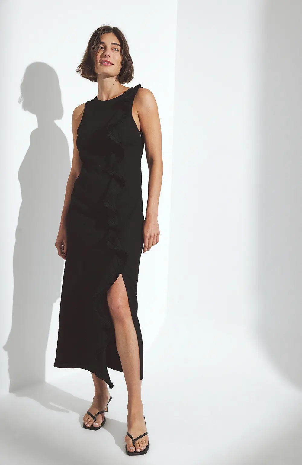 Ruffle Detail Fringe Midi Dress Black