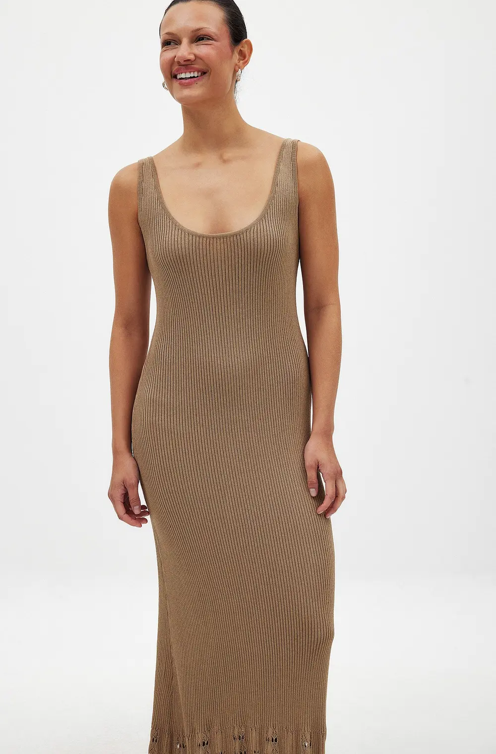 Knitted Scoop Neck Crochet Midi Dress Beige