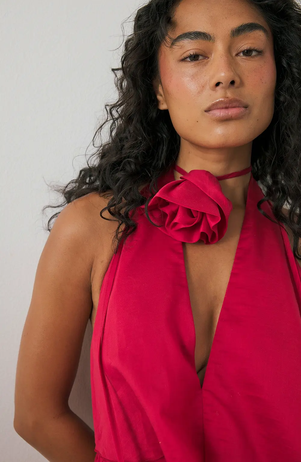 Rose Detail Ruffle Mini Dress Red