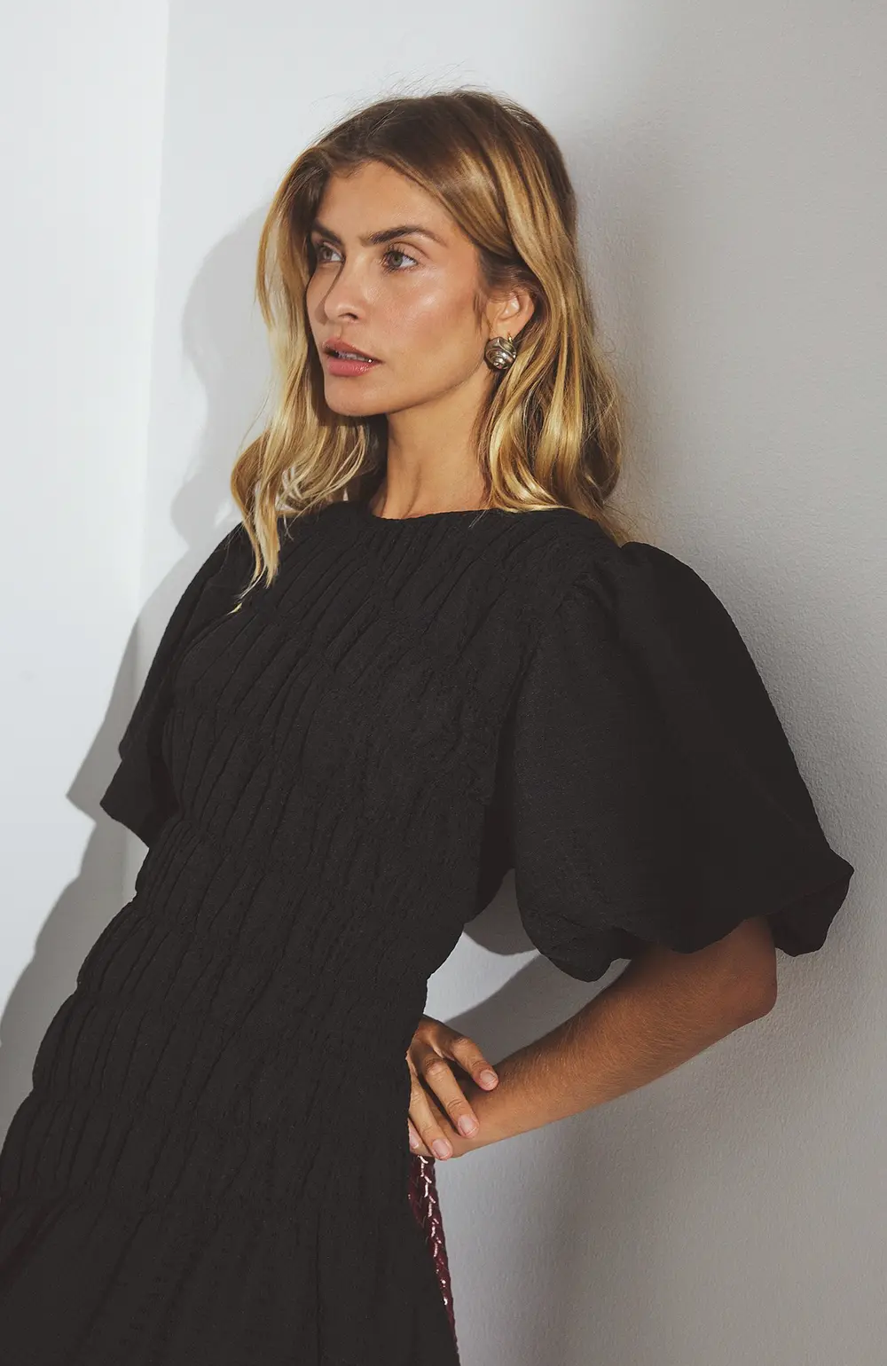 Smock Detail Puff Sleeve Midi Dress Black
