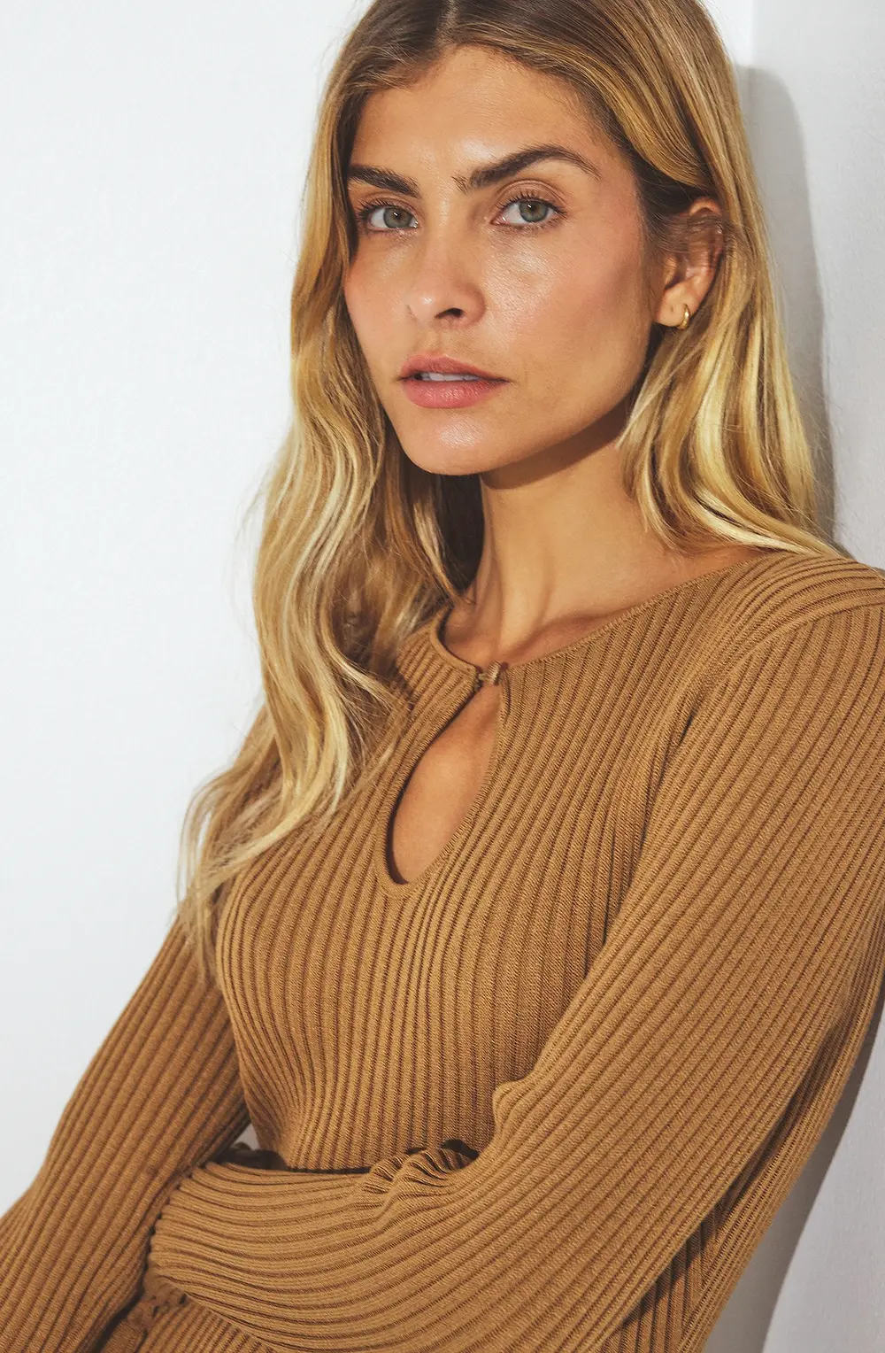 Knitted Keyhole Frill Midi Dress Beige