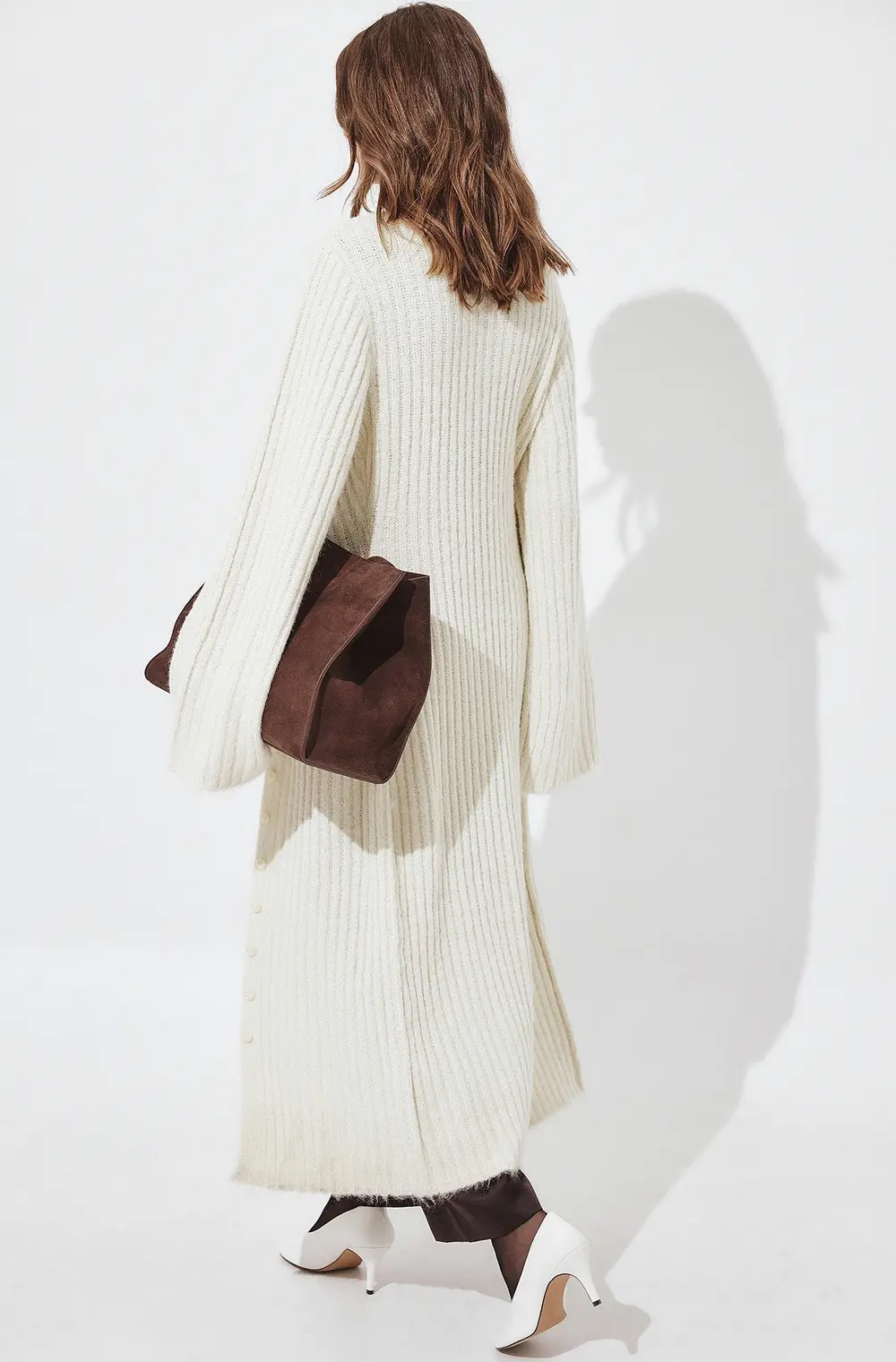 Knitted Wool Blend Cardigan Maxi Dress Offwhite