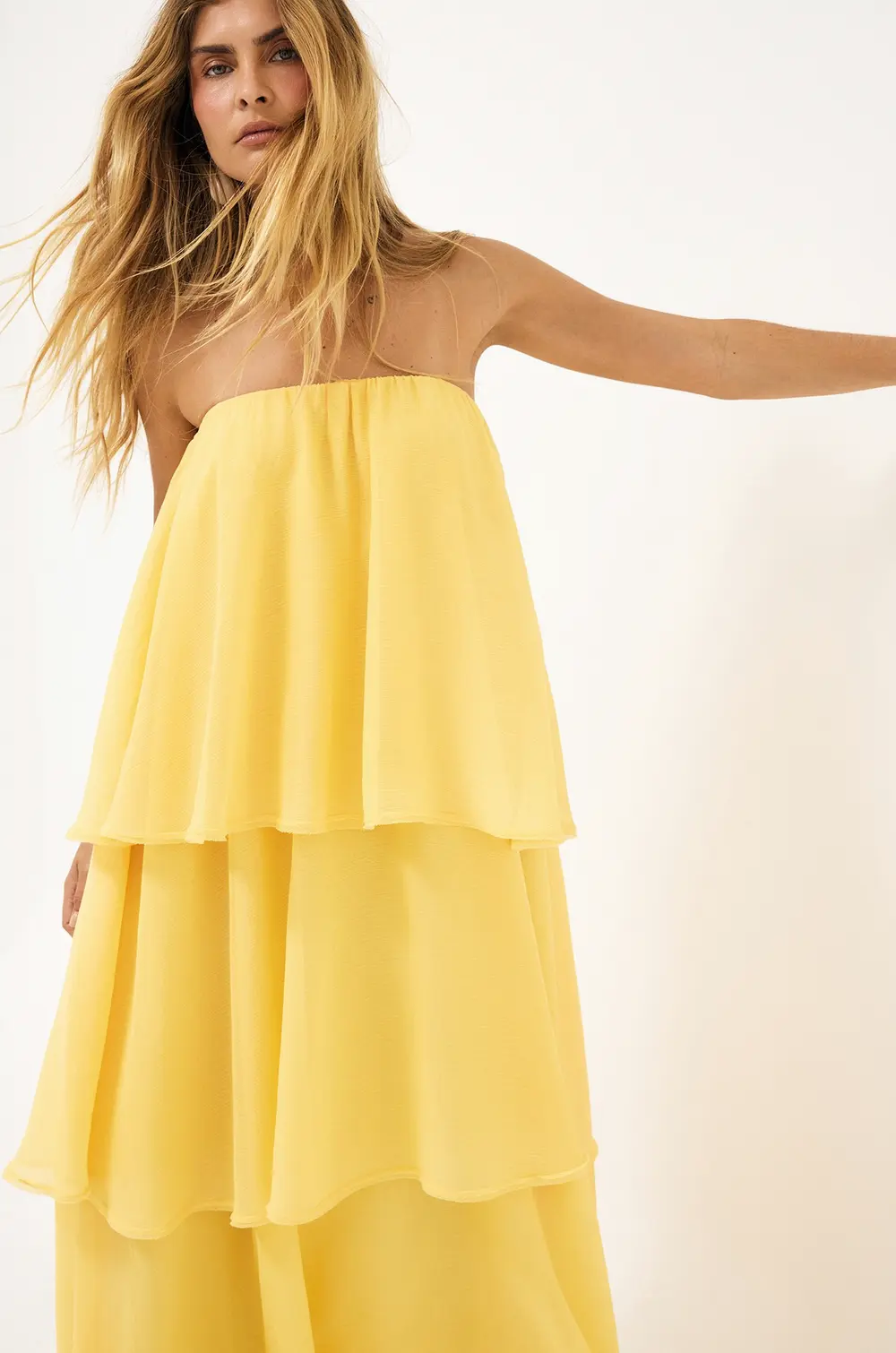 Bandeau Tiered Volume Maxi Dress Yellow
