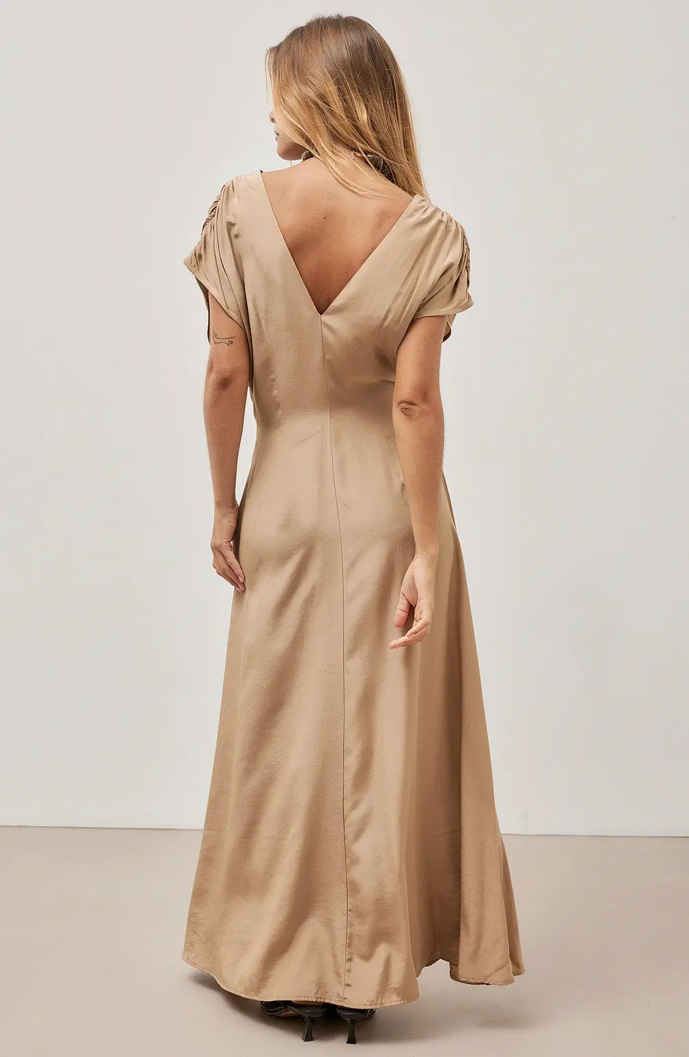 Smocked Waist Short Sleeve Maxi Dress Beige