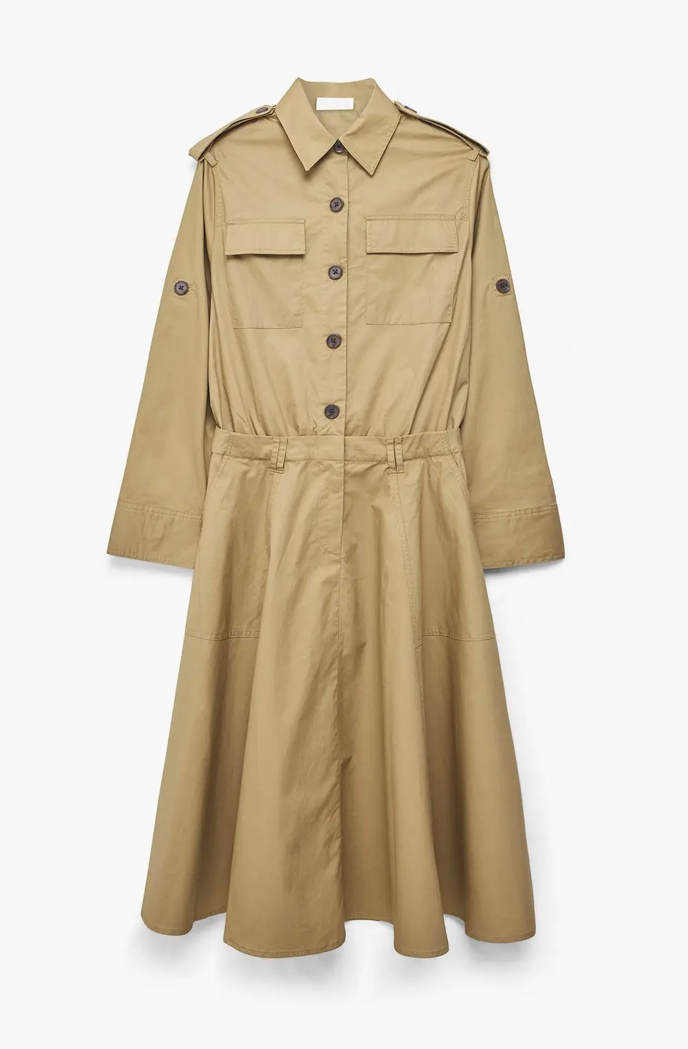 Heavy Cotton Midi Cargo Shirt Dress Beige