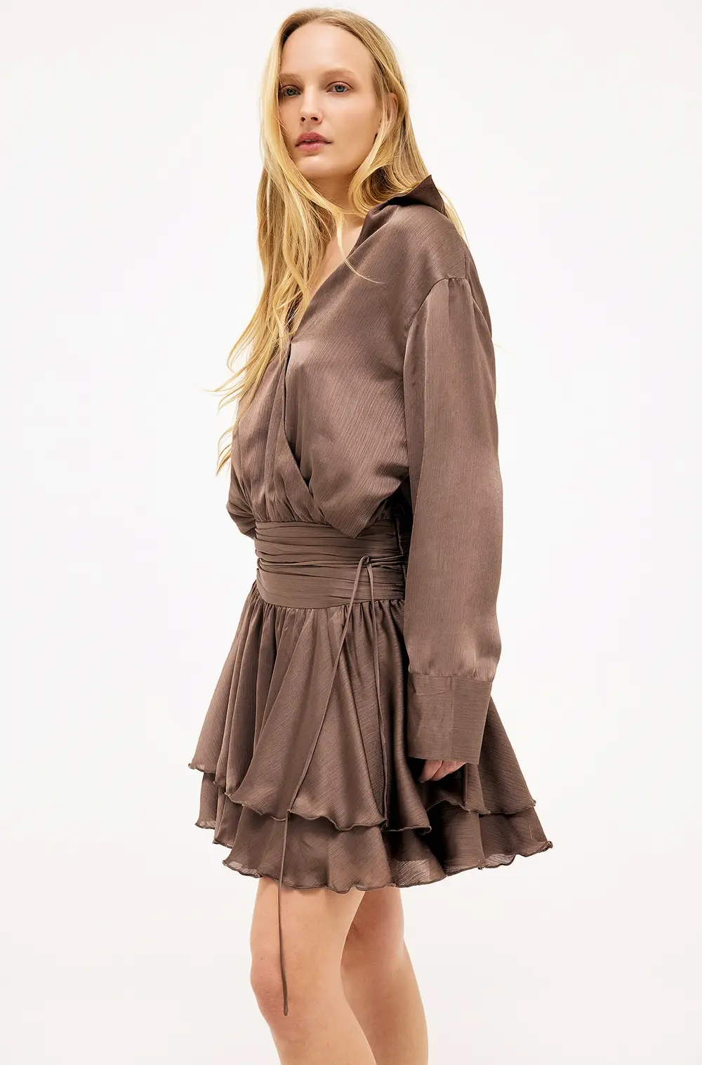 Ruched Waist Mini Shirt Dress Brown