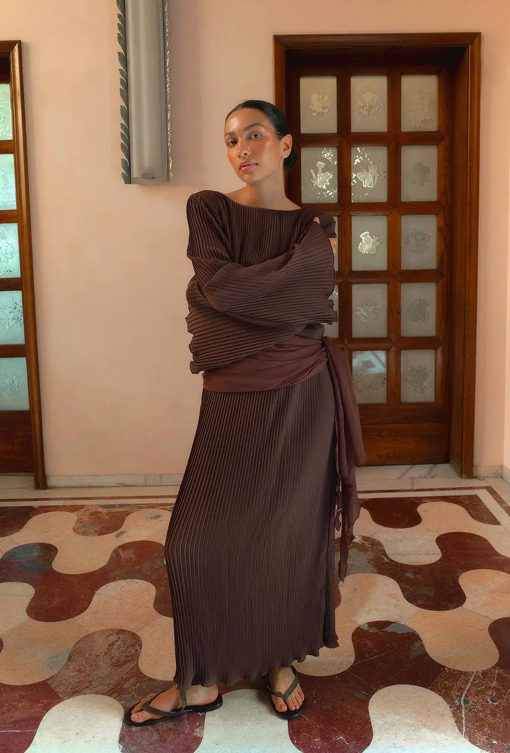 Plisse Trumpet Sleeve Maxi Dress Brown