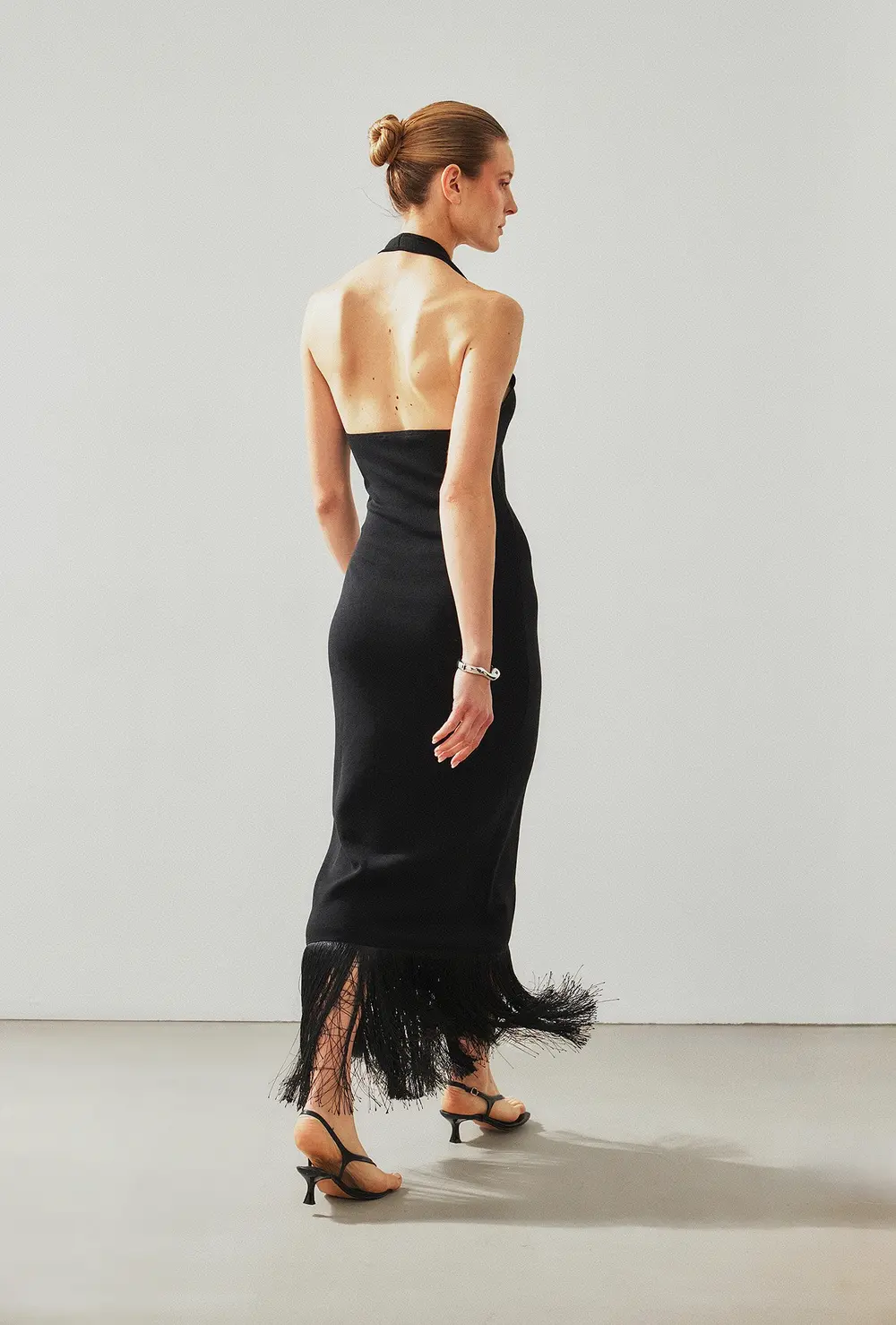 Knitted Scoop Neck Fringe Dress Black