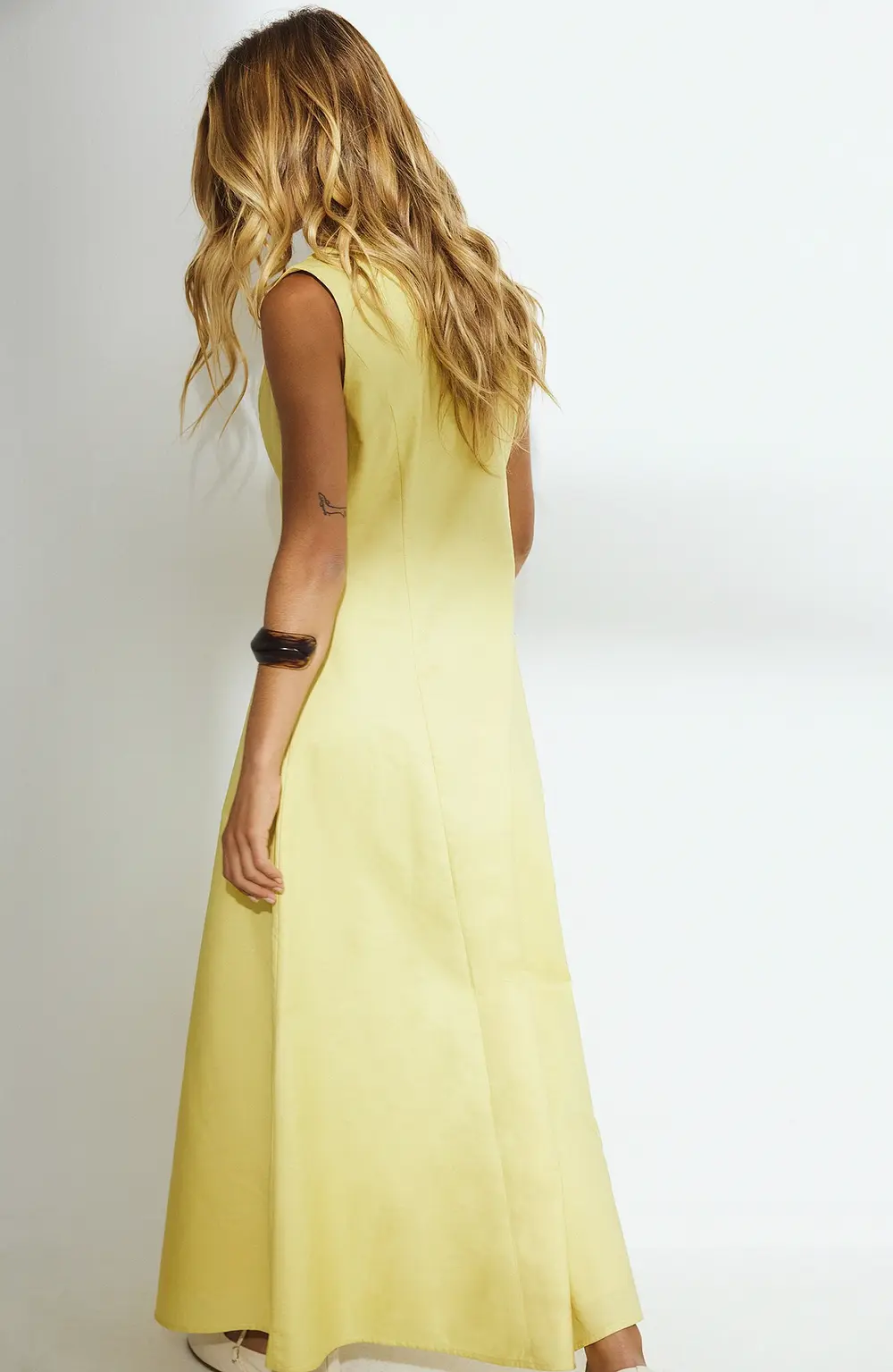 Cotton Buttoned Midi Dress Yellow