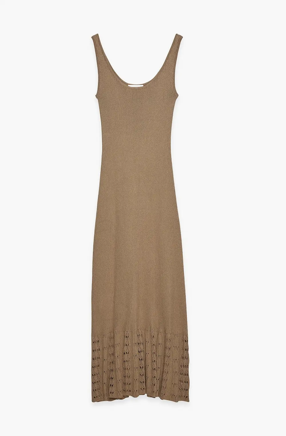 Knitted Scoop Neck Crochet Midi Dress Beige