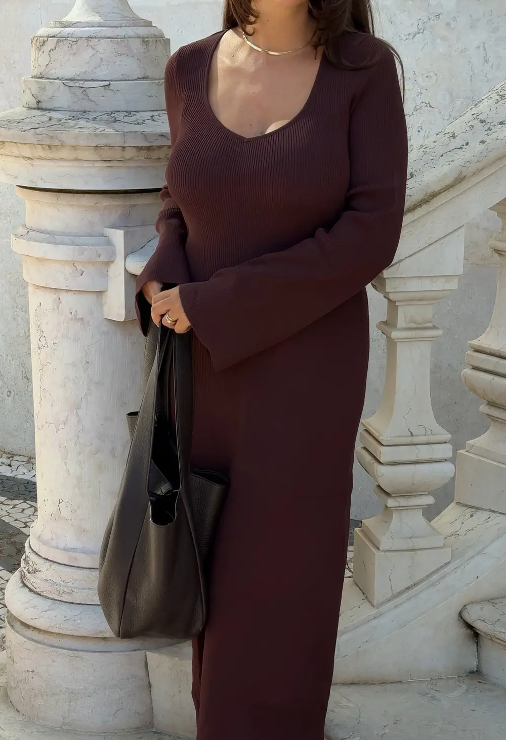 Fine Knitted Trumpet Sleeve Midi Dress Brown