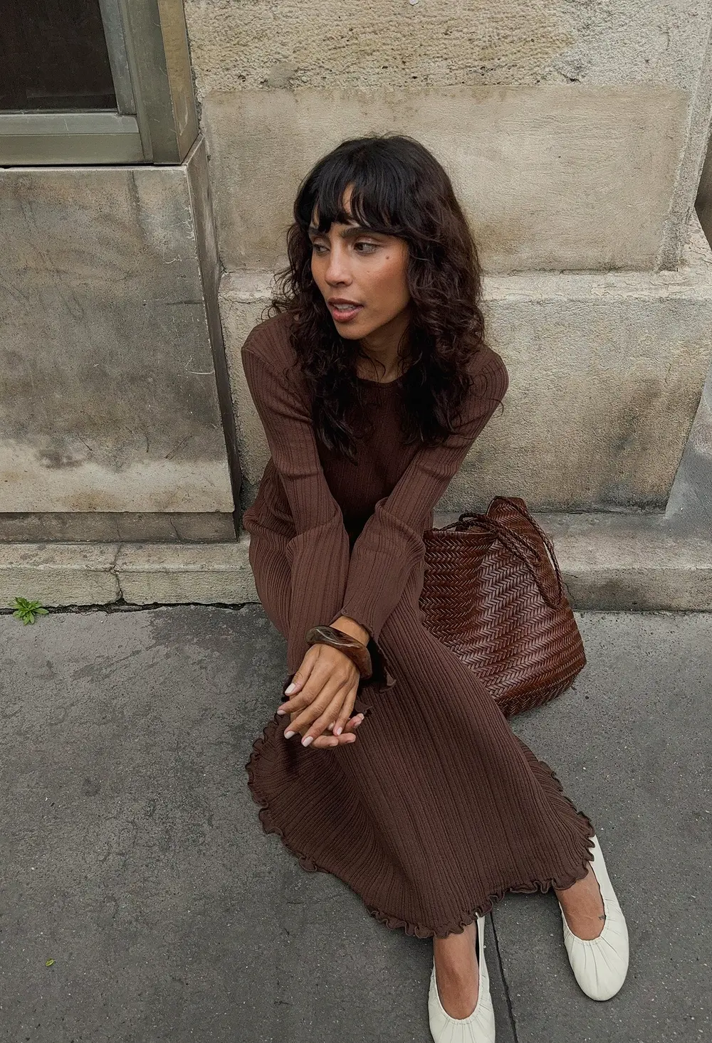 Knitted Round Neck Frill Maxi Dress Brown