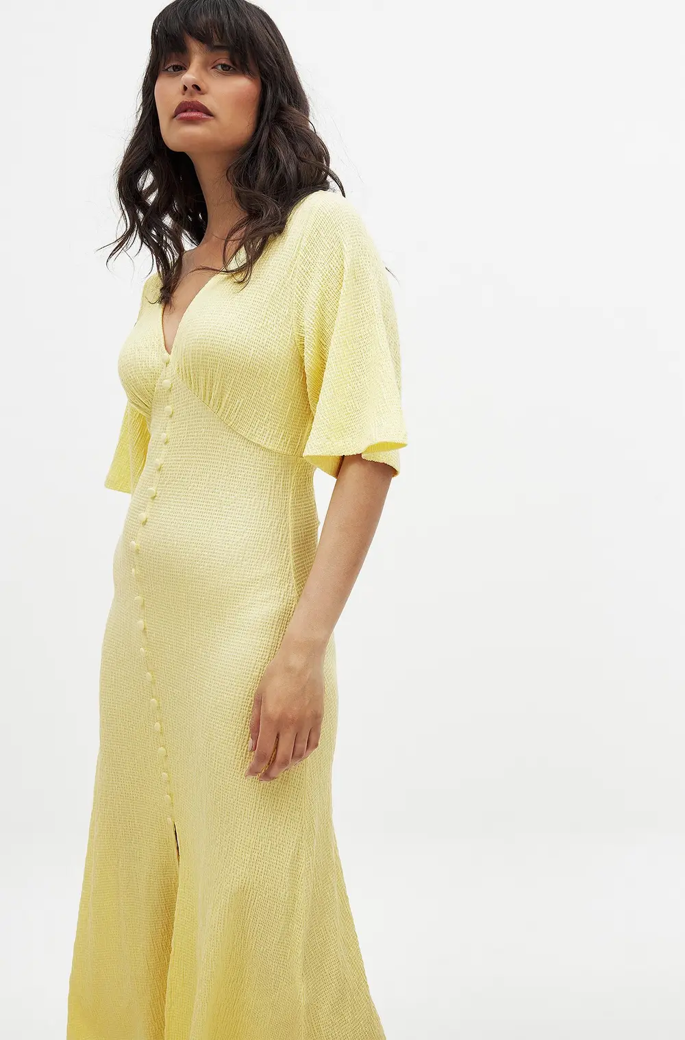 Button Detail Midi Dress Yellow