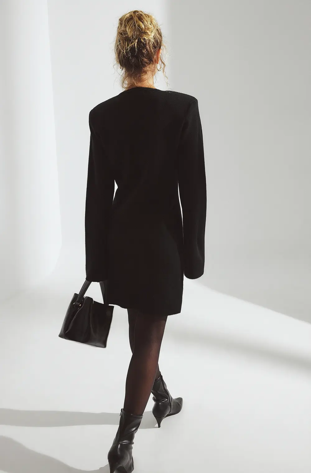 Knitted Padded Shoulder Mini Dress Black