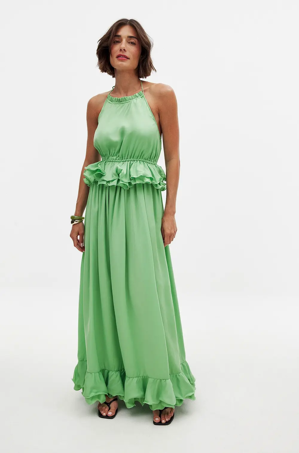 Flounce Waist Halterneck Maxi Dress Green