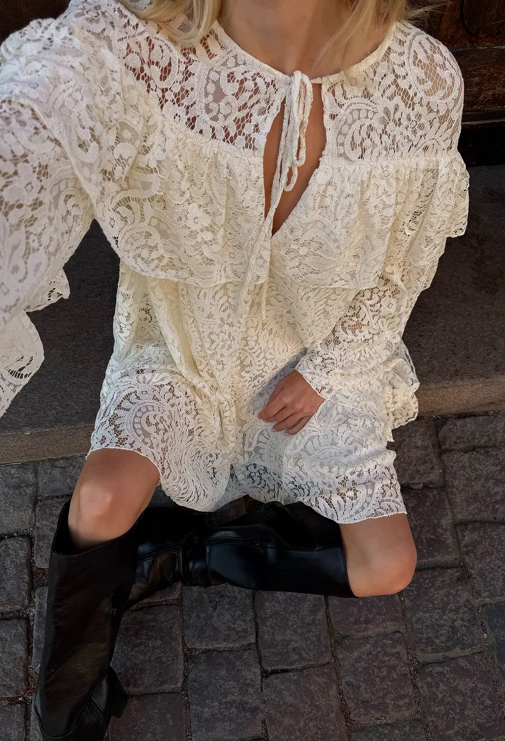 Lace Ruffle Long Sleeve Mini Dress Beige