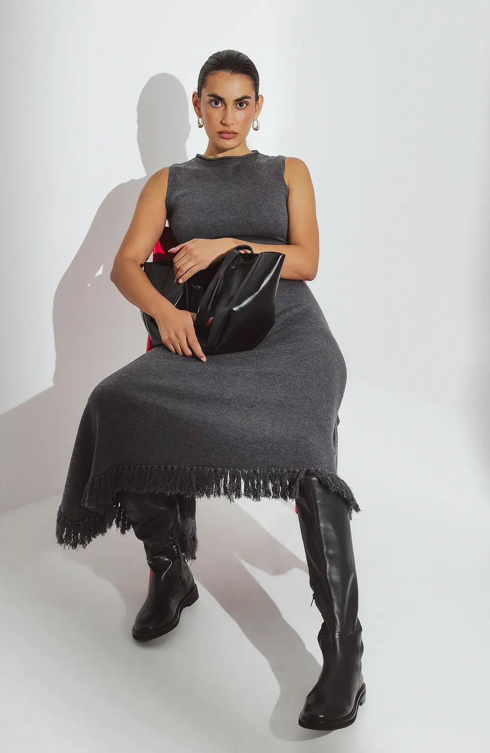 Knitted Asymmetric Hem Midi Dress Grey